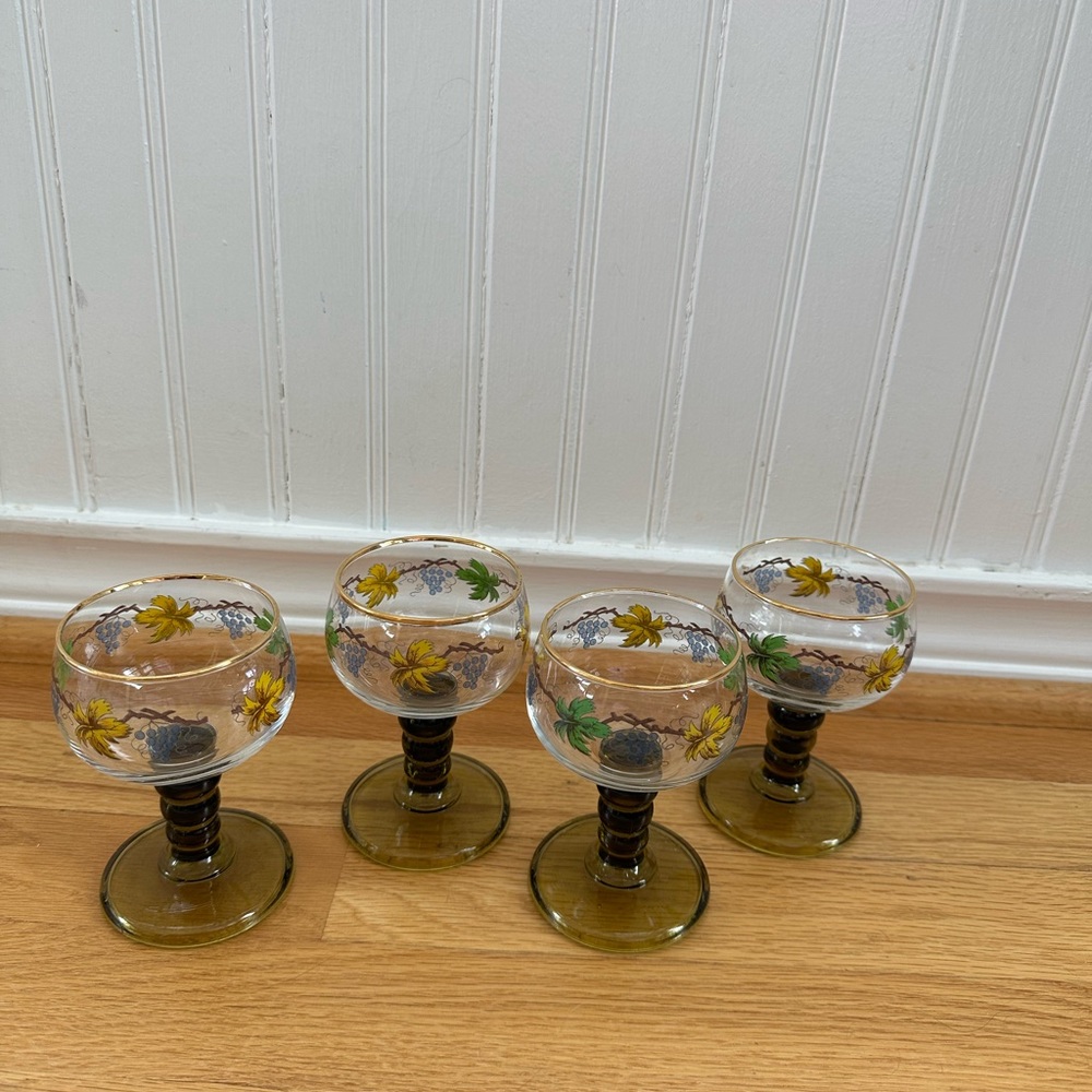German Roemer Grape Design Wine Goblets Olive Green Bubble Stem Vintage Set